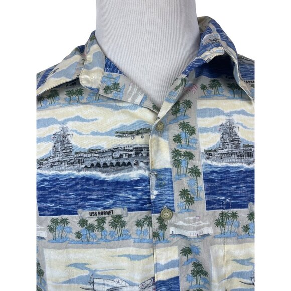 Vintage Reyn Sooner Men's Hawaiian Style WWII & Sea Design Blue Shirt Sz XL - Picture 4 of 7